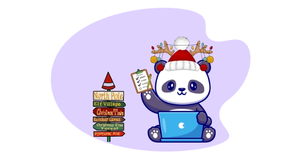 Happy panda cartoon character preparing for Christmas, with a Santa hat, reindeer antlers, and a Christmas planning list.