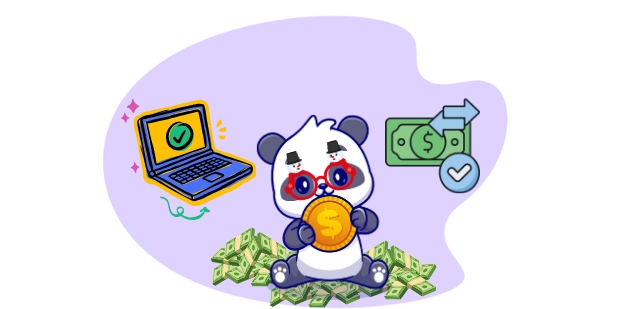 Cute panda cartoon character wearing sunglasses and holding a coin, with a laptop and money transfer symbol, suggesting online money transactions.