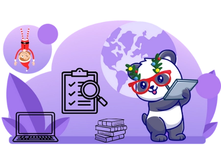 Playful panda cartoon working on a task list, surrounded by Christmas symbols and a globe, indicating a global and festive work environment.