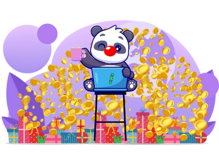 Cute panda cartoon character sitting on a pile of gifts, drinking tea and working on a laptop, with coins falling from the sky, suggesting a rewarding online experience.