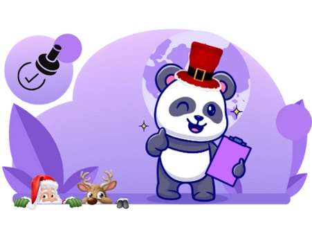 Cute panda cartoon character wearing a Santa hat, holding a clipboard and giving a thumbs up, with Santa, a reindeer, and a checklist in the background, suggesting a festive and organized approach.