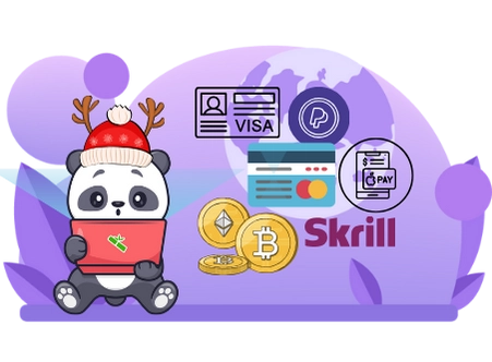 Happy panda cartoon character enjoying the convenience of online payments, with a laptop and a variety of payment methods.