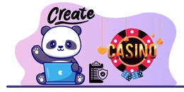 panda mascot creating a casino, with a laptop, casino chip, and checklist.