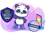 A cute panda holding a Curacao shield, surrounded by online learning icons and curacao logo.