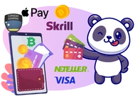 A panda holding payment methods: Skrill, Neteller, Visa, Apple Pay, and Bitcoin