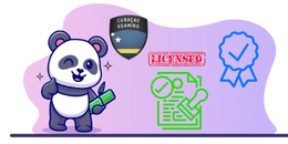 A happy panda holding a document with a Curacao Gaming license