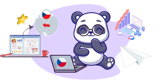 Cute panda cartoon character wearing glasses, working on a laptop with a Czech flag, holding a checklist and a pencil, suggesting a focus on planning and organization.