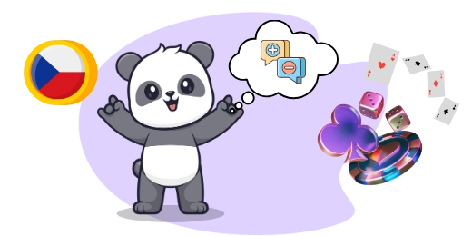 Playful panda cartoon considering options, with a thought bubble showing positive and negative symbols.