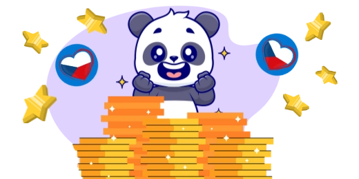 Happy panda cartoon character enjoying casino games, with a gift, playing cards, and a slot machine.