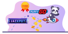 panda mascot riding a rocket, with a jackpot slot machine and bonus symbol