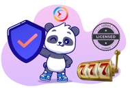 Cute panda holding a shield with a checkmark, next to a slot machine and a licensed logo