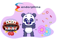 Happy panda mascot standing in front of slot machines and casino chips.