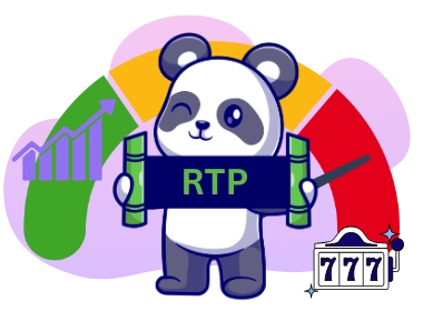 A panda a label that says RTP and behind him there is a chart that shows high for High RTP & High Volatility