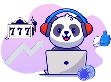 A happy panda is playing with a computer. There are slot icons around.