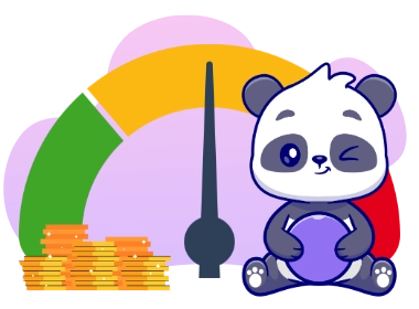 A cheerful panda sitting with some coins around