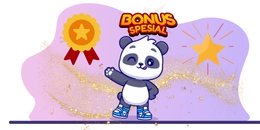 Cute panda character pointing with a 'Bonus Special' banner above, surrounded by a ribbon badge, a star, and a sparkling background.