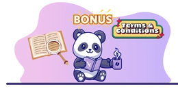 Panda character reading a book with a mug in hand, accompanied by a 'Bonus Terms & Conditions' banner, an open book with a magnifying glass, and a colorful background.