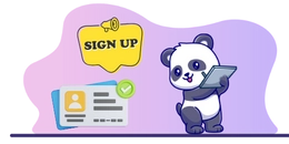 Panda with a "sign up" text holding a tablet.