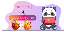 A panda holding a laptop with a "Deposit and Claim Your Offer" message