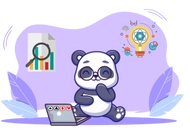 A cartoon panda sits with a laptop on its lap. Nearby are a chart with a magnifying glass and a lightbulb with gears, representing ideas and analysis. Purple leaves form the background