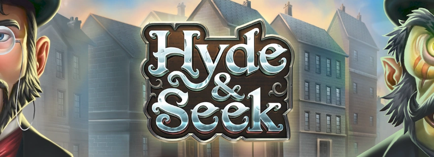 Hyde & Seek slot game logo, featuring Dr. Jekyll and Mr. Hyde characters against a Victorian city backdrop.