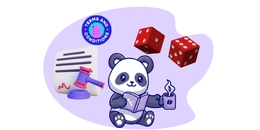 Panda holding a coffee cup, dices and a book