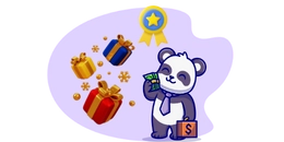 Panda with giftboxes, moneybag and a badge