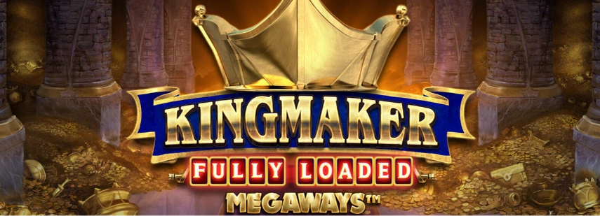 Kingmaker Fully Loaded Megaways slot game logo, featuring a golden crown and treasure chest.