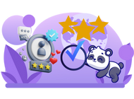 Panda floating with checkmarks and stars