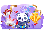 Panda unboxes a gift box and there is stars