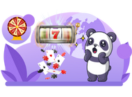 Panda with a slot machine and bunch of cards