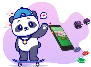 A panda catching butterfly' with slot related figures and a few big coins.