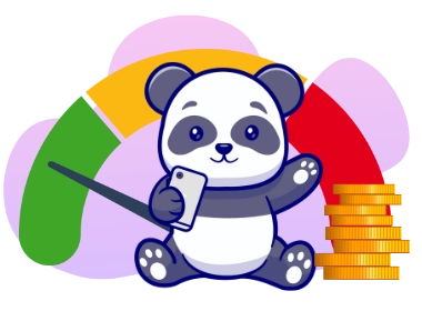 A panda with a phone with slot game few coins nearby.