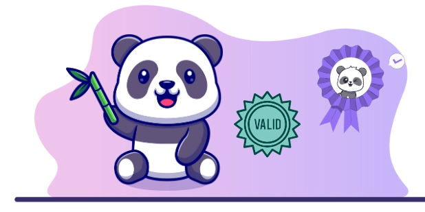 Cute panda cartoon character holding a bamboo stick, with a "VALID" badge and a checkmark, suggesting a focus on quality and reliability.