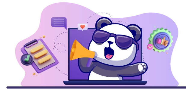 Playful panda cartoon promoting positive reviews and feedback, with a megaphone, a clipboard, and a thumbs-up icon.