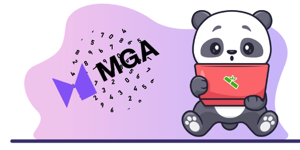 Cute panda cartoon character holding a laptop, surrounded by numbers and the letters "MGA", suggesting a focus on data analysis and statistics.