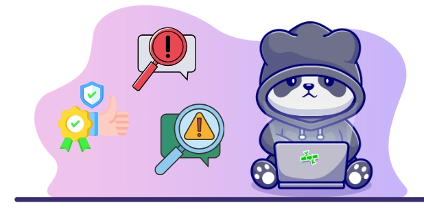 Cute panda cartoon character working on a laptop, with icons representing security, risk assessment, and a warning sign, suggesting a focus on online security and data protection.