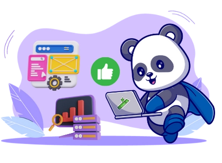 Cute panda cartoon character working on a laptop, with icons representing web design, user experience (UX), data analysis, and a thumbs-up symbol, suggesting a focus on website development and optimization.