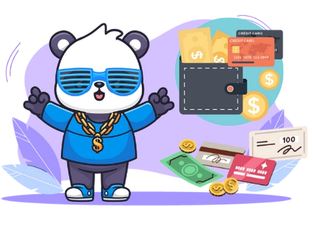 Happy panda cartoon character enjoying the convenience of online payments, with a wallet, credit cards, and cash.