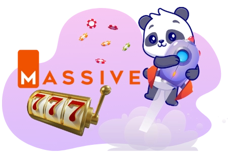 Playful panda cartoon celebrating a big win, with a rocket, slot machine, and casino chips.