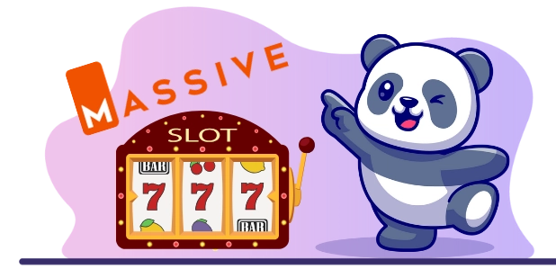 Cute panda cartoon character celebrating a slot machine win, with the word "MASSIVE" and three 7 symbols on the slot machine.