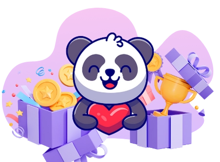 Happy panda cartoon character enjoying rewards and bonuses, with gift boxes, coins, and a trophy.