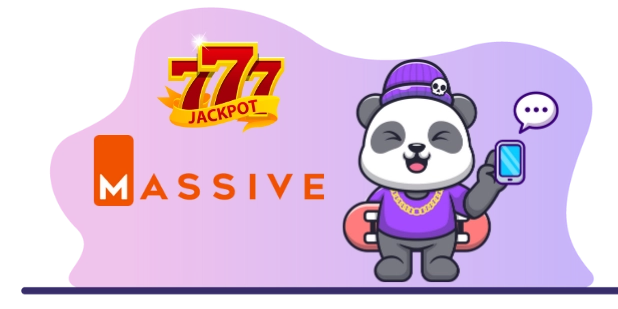 Playful panda cartoon enjoying a big win, with a smartphone, the word "MASSIVE", and a jackpot symbol.