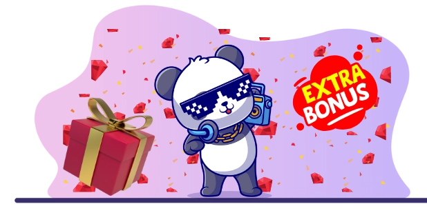 Cool panda cartoon character with sunglasses and a boombox, surrounded by gift boxes, confetti, and an "EXTRA BONUS" sign, suggesting a focus on online casino bonuses and promotions.