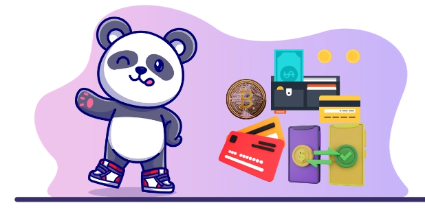 Happy panda cartoon character enjoying the convenience of online payments, with credit cards, cash, Bitcoin, and a mobile wallet.