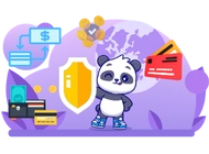 Panda with a yellow shield and there is credit cards, cash and purple worldmap in the background.