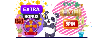 Excited panda with "extra bonus" and "spin" texts.