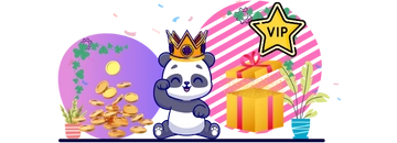 Cartoon panda with a crown sits next to a gold pile and a huge gift box with a "vip" text on it.