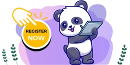 A cute panda is holding a tablet and smiling. A hand is pointing to a "REGISTER NOW" button.