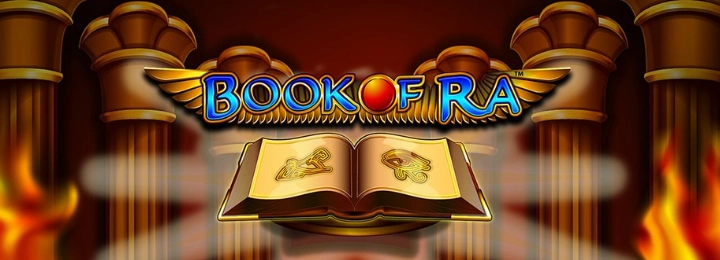 Book of Ra slot machine logo, featuring an open book with hieroglyphics and a sun symbol, surrounded by flames and pillars.